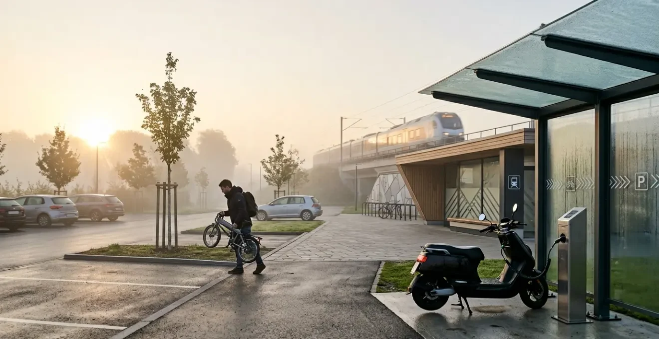 Scène urbaine montrant l'articulation de différents modes de transport avec vélo électrique, trottinette et voiture dans un parking relais moderne