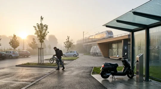 Scène urbaine montrant l'articulation de différents modes de transport avec vélo électrique, trottinette et voiture dans un parking relais moderne
