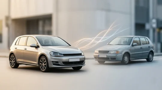 Vue d'une voiture moderne avec des éléments graphiques symbolisant le calcul de rentabilité de l'assurance