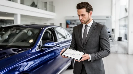 Expert automobile évaluant une voiture neuve dans un showroom moderne avec documents et calculette
