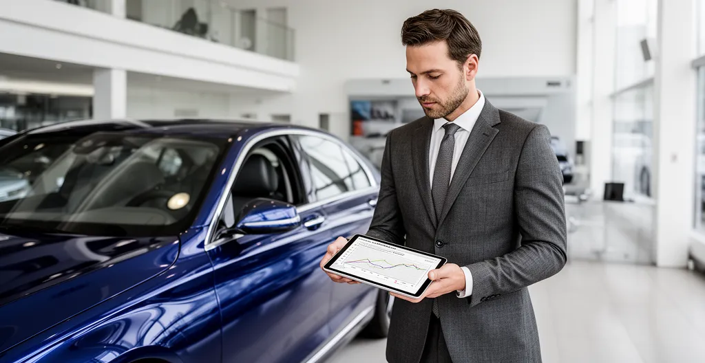 Expert automobile évaluant une voiture neuve dans un showroom moderne avec documents et calculette