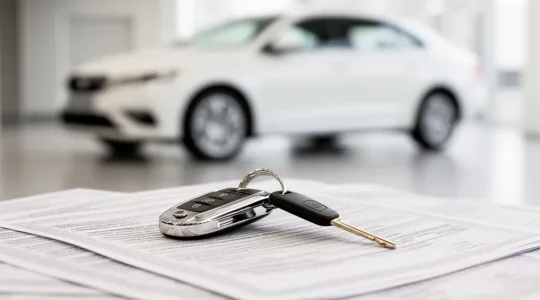 Clés de voiture posées sur documents de garantie avec vue floue d'une voiture neuve en arrière-plan