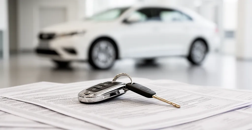 Clés de voiture posées sur documents de garantie avec vue floue d'une voiture neuve en arrière-plan