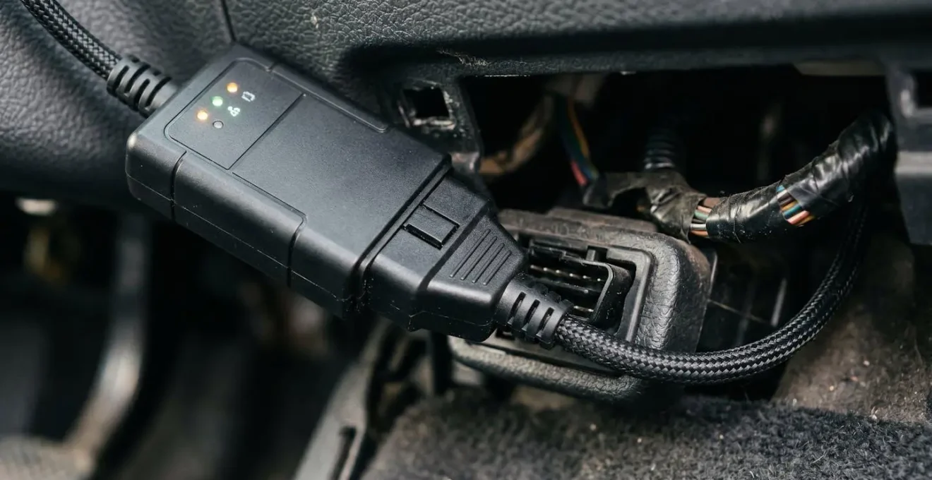 Gros plan sur un boîtier télématique branché sur la prise diagnostic OBD d'une voiture