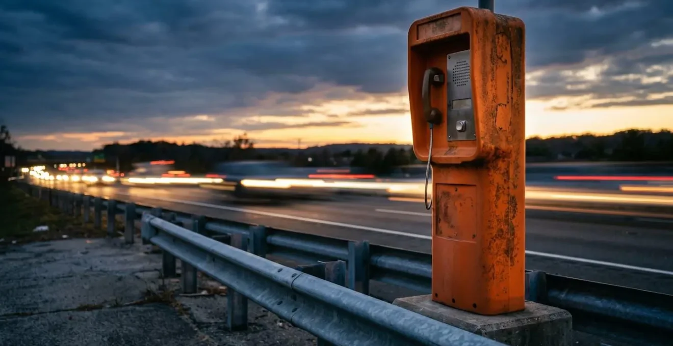 Borne d'appel d'urgence orange sur autoroute dans un environnement sécurisé
