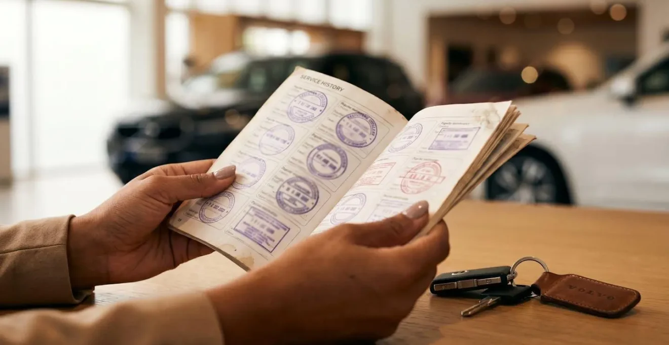 Mains tenant un carnet d'entretien tamponné avec clés de voiture, symbole de la valeur de revente augmentée