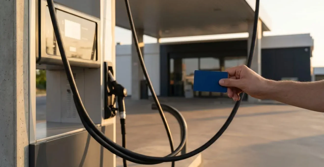 Main tenant une carte de paiement floue devant une pompe à essence avec chiffres illisibles