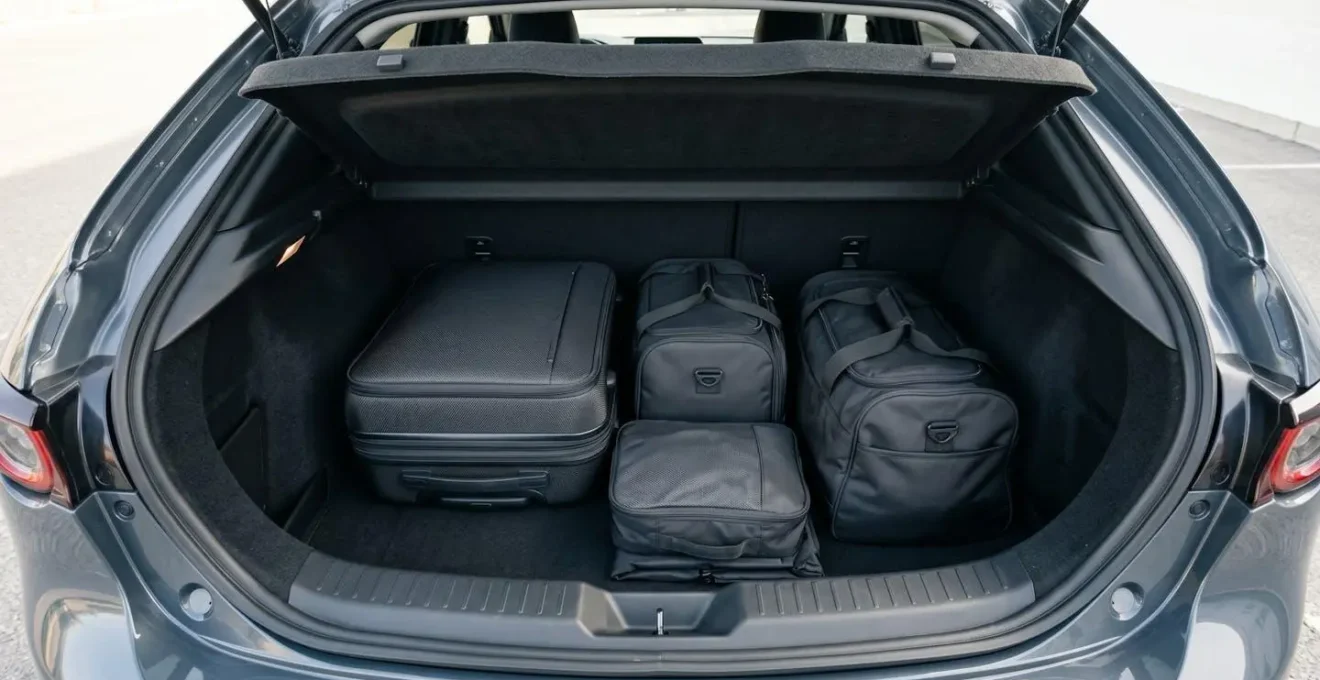 Vue intérieure d'un coffre de voiture avec bagages organisés et sécurisés