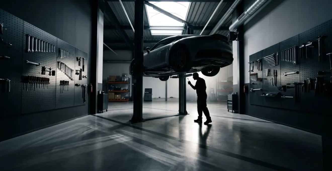 Mécanicien examinant une voiture moderne dans un garage professionnel