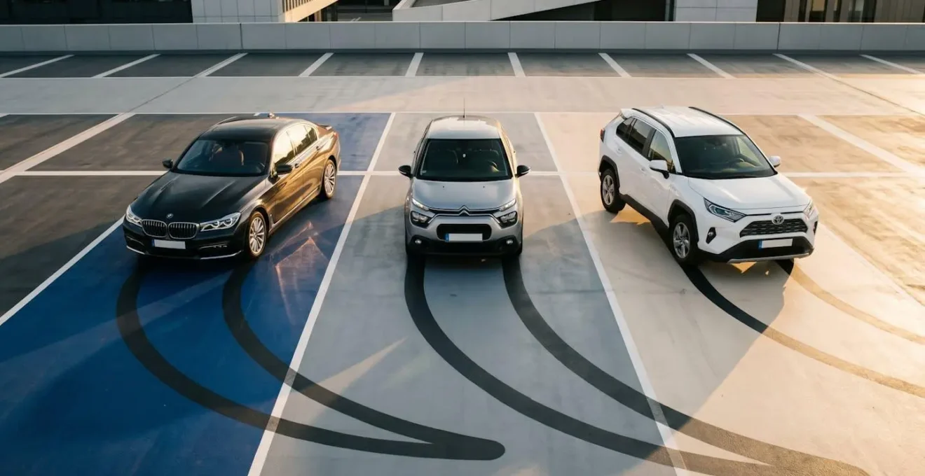 Comparaison visuelle de véhicules de différentes marques dans un parking symbolisant leur valeur résiduelle
