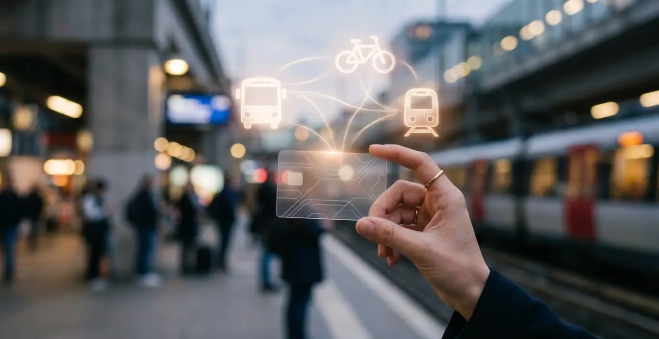 Main tenant une carte de transport avec des icônes de différents modes flottant au-dessus