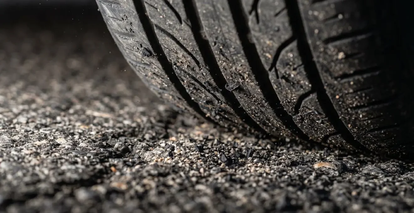 Gros plan sur des pneus de voiture montrant l'usure et les particules sur l'asphalte