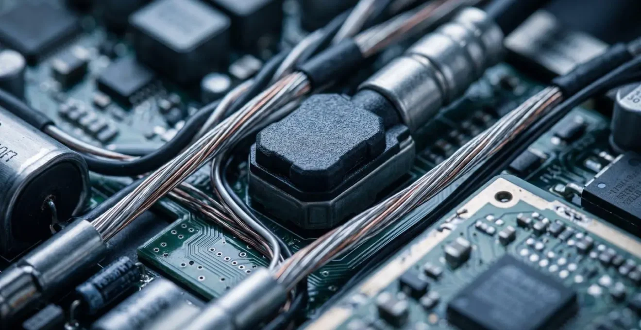 Détail macro de capteurs et composants électroniques d'un véhicule moderne, illustrant la complexité du contrôle technique
