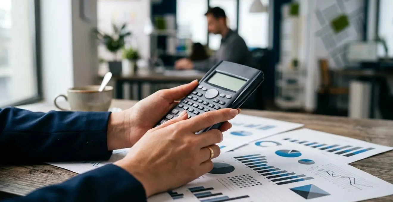 Employé analysant des documents financiers avec calculatrice et graphiques sur bureau moderne