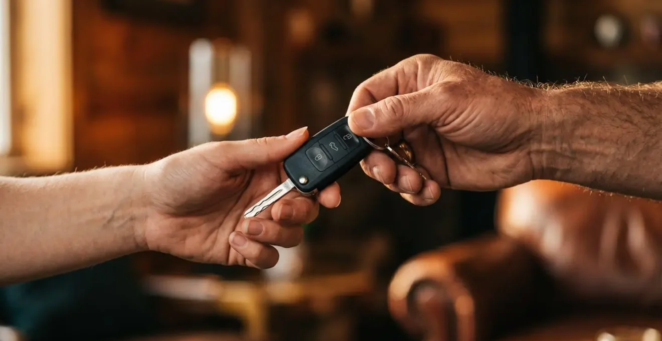 Échange de clés de voiture entre deux personnes dans un moment de confiance