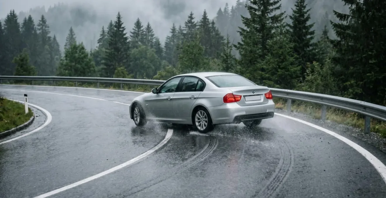 Véhicule sous la pluie avec système ESP actif corrigeant sa trajectoire