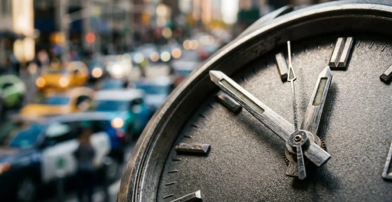 Horloge monumentale en gros plan avec une voiture floue en arrière-plan dans une station d'autopartage