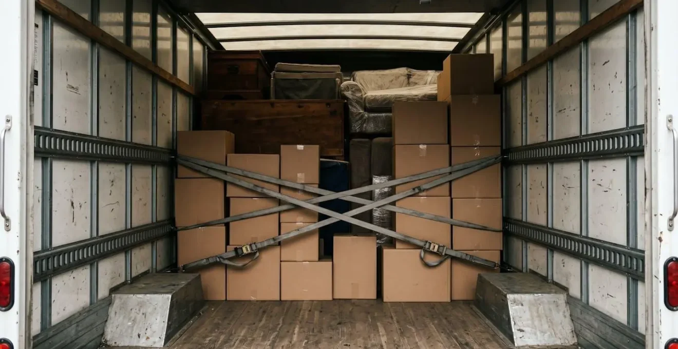 Vue intérieure d'un camion utilitaire avec un chargement parfaitement sécurisé par des sangles en X.
