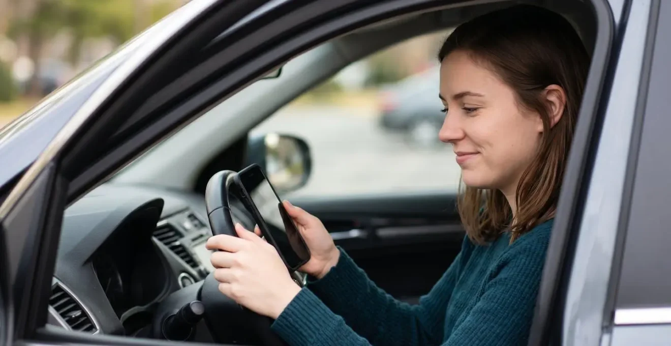 Jeune conducteur consultant son score de conduite sur smartphone dans sa voiture