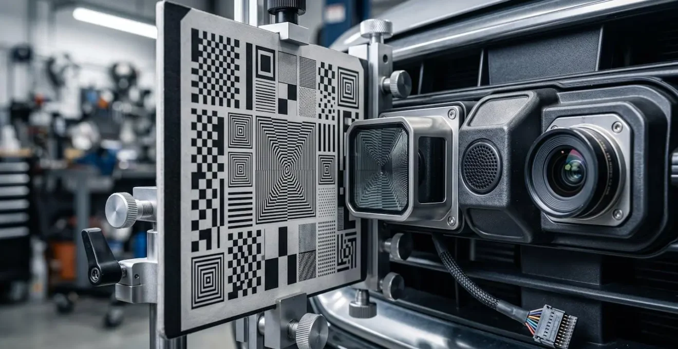 Technicien effectuant le calibrage d'un système ADAS dans un atelier automobile