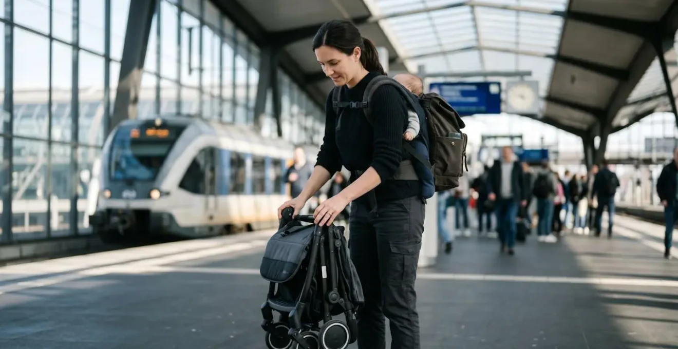 Parent avec poussette ultra-compacte sur un quai de gare moderne