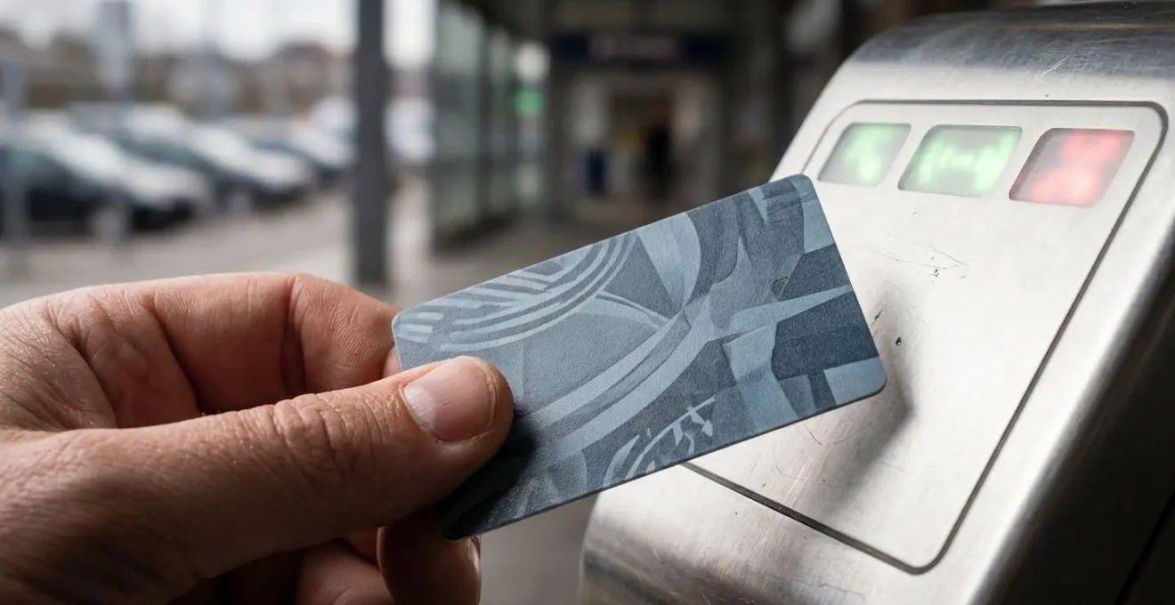 Vue macro d'une main validant un titre de transport avec parking en arrière-plan