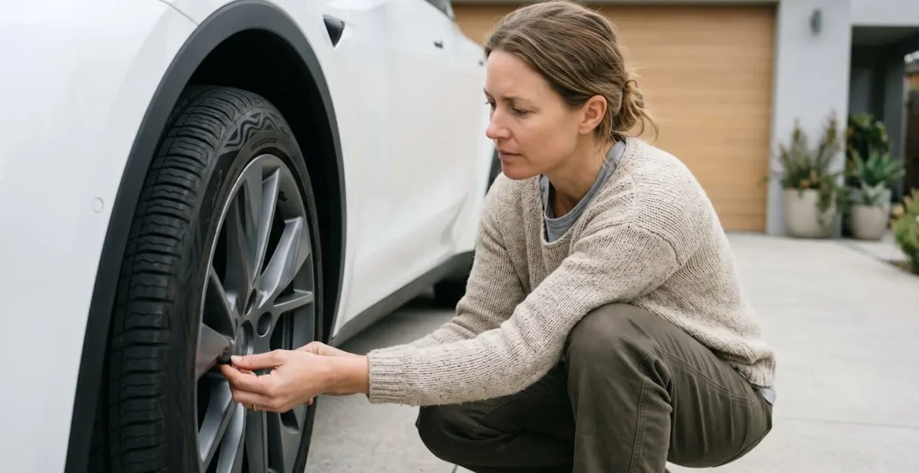 Vue latérale d'une roue de voiture électrique moderne sur route humide