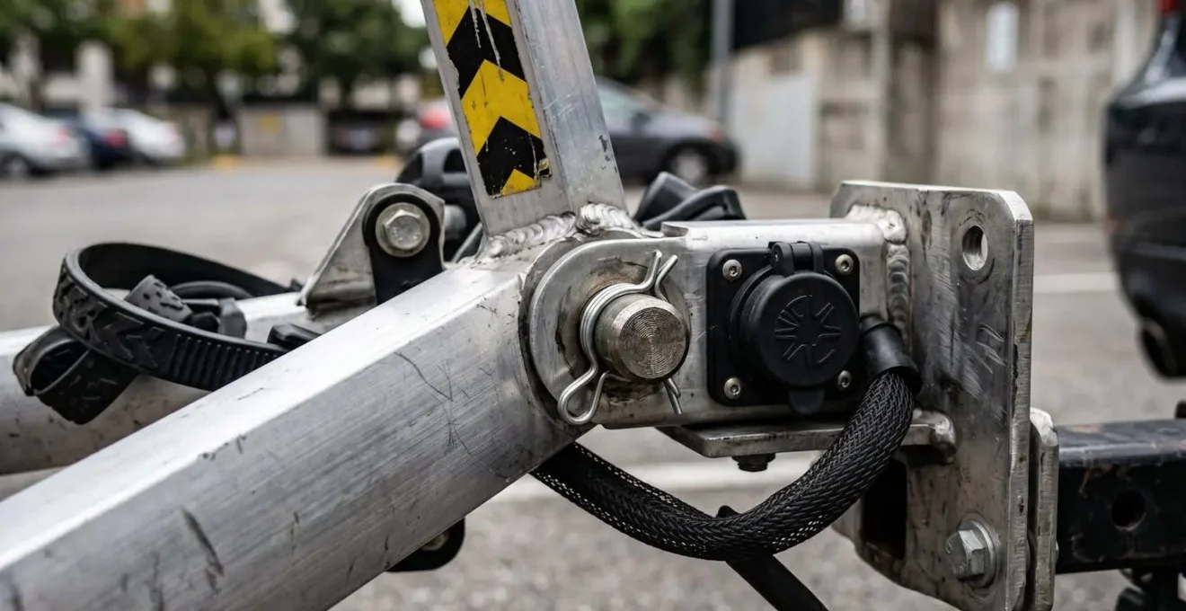 Vue arrière d'une voiture avec porte-vélo sur attelage montrant la plaque d'immatriculation additionnelle et les feux de signalisation