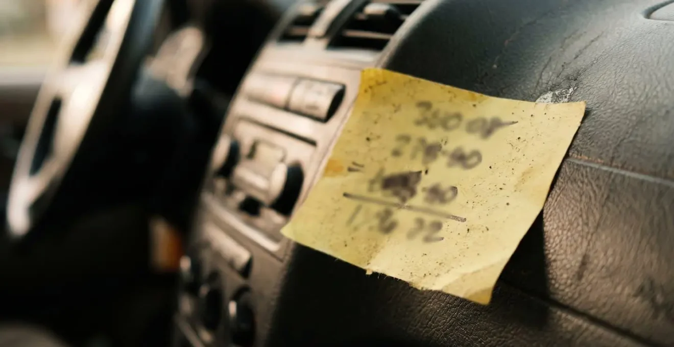 Gros plan sur un post-it jaune collé sur le tableau de bord d'un utilitaire rappelant sa hauteur.