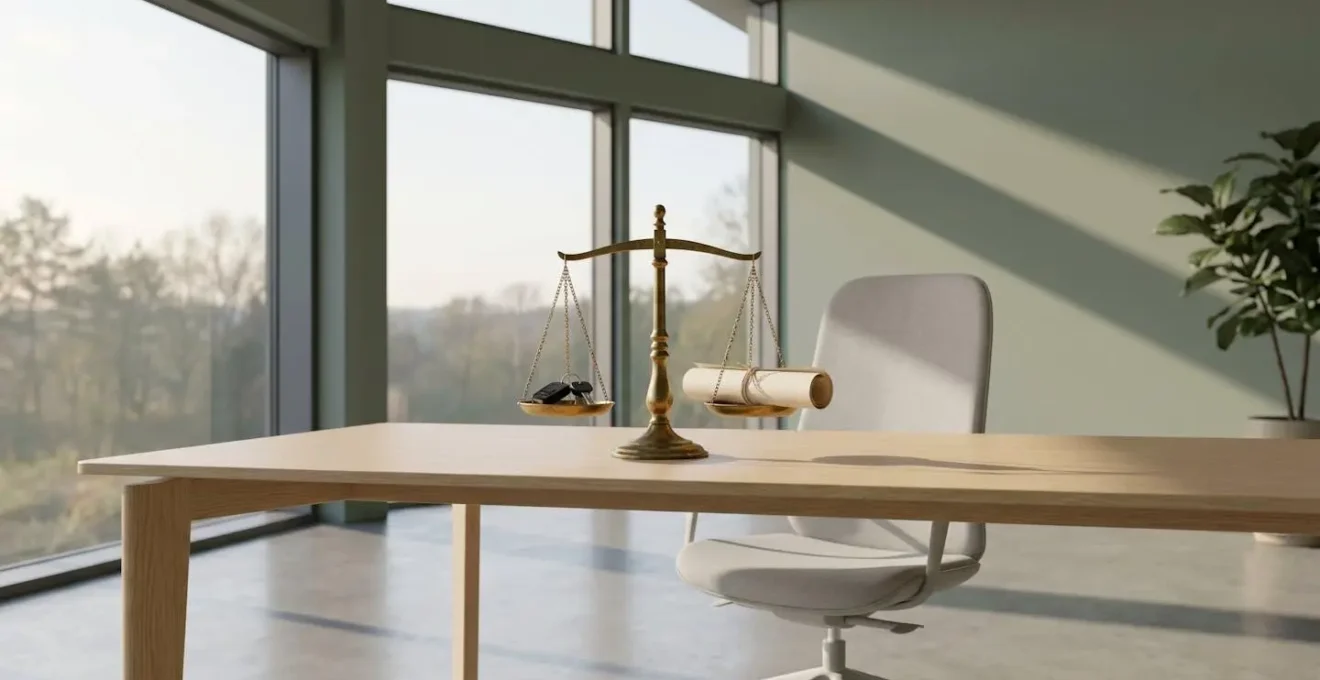 Balance symbolique avec clés de voiture et documents contractuels en équilibre