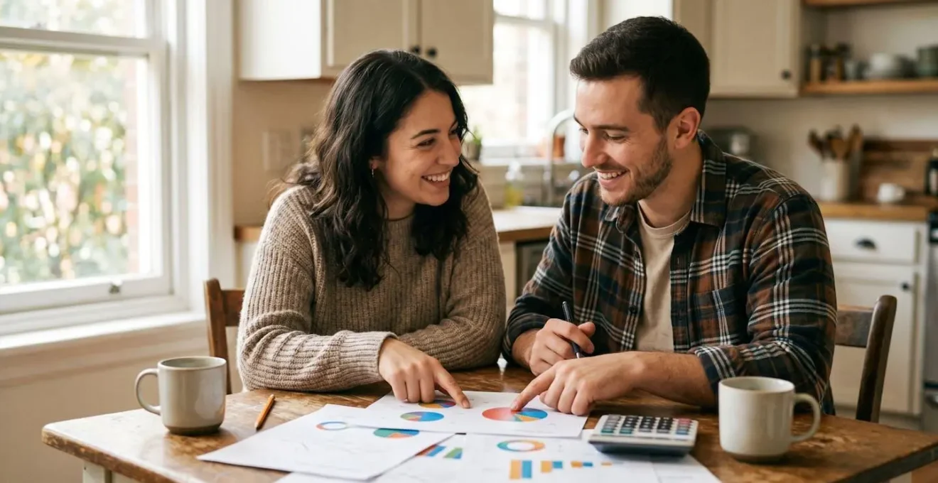 Famille analysant son budget mensuel avec graphiques colorés