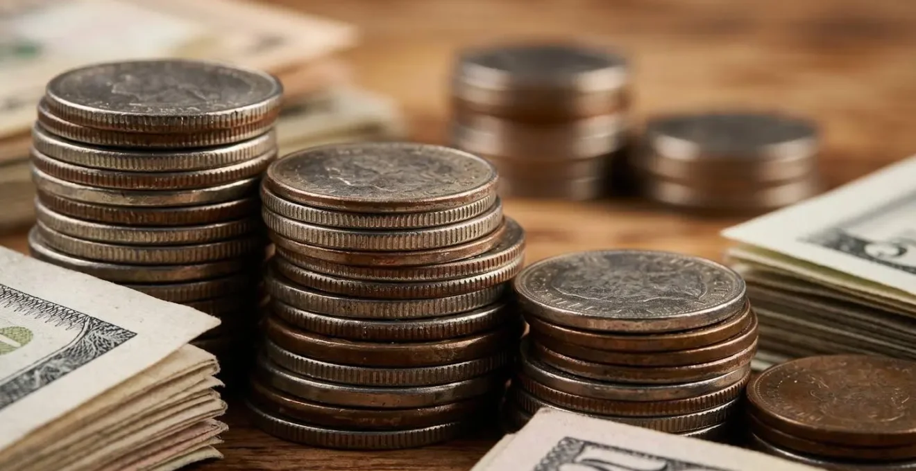 Gros plan sur des pièces et billets organisés représentant la répartition du budget familial