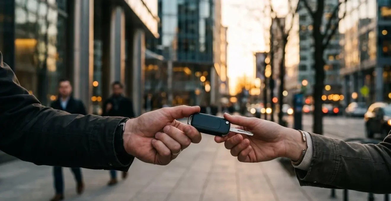 Échange de clés de voiture entre deux personnes dans un environnement urbain