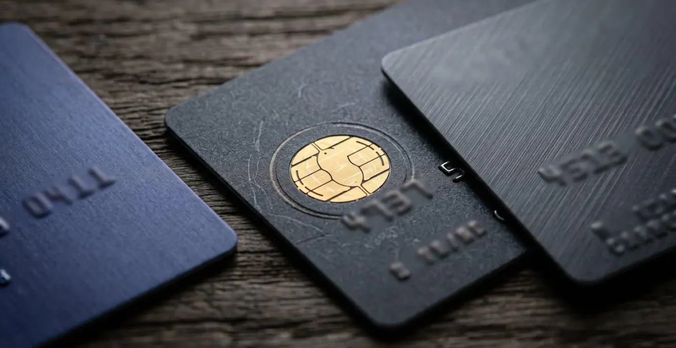 Trois cartes de recharge RFID disposées en éventail sur une surface en bois
