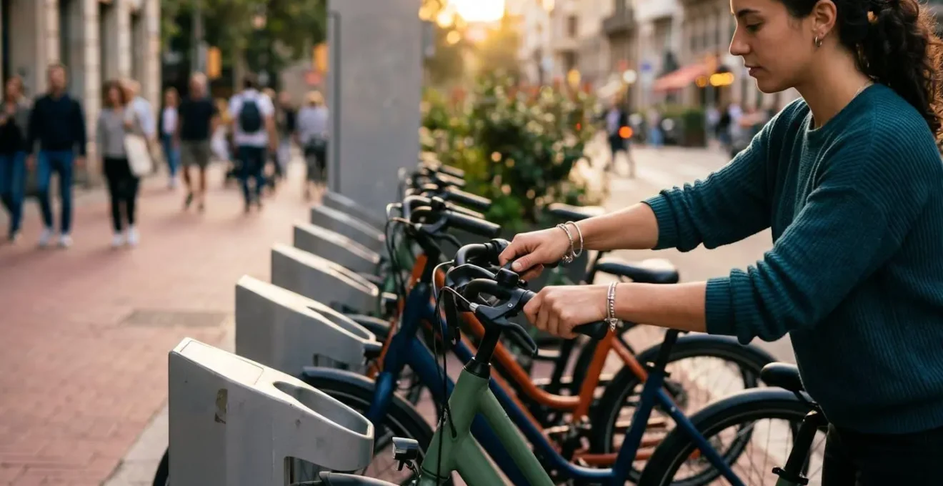 Station de vélos en libre-service dans un environnement urbain au coucher du soleil