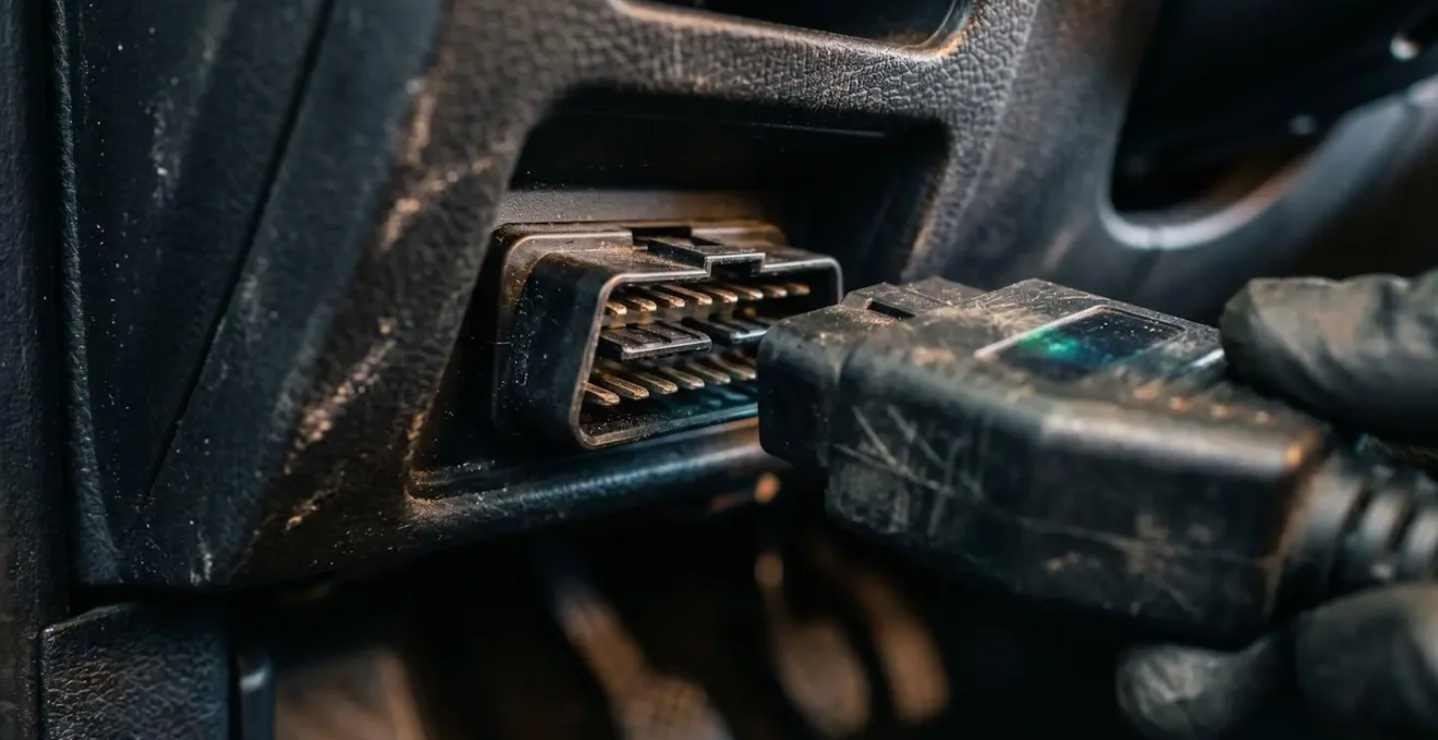 Gros plan sur un outil de diagnostic automobile connecté sous le tableau de bord
