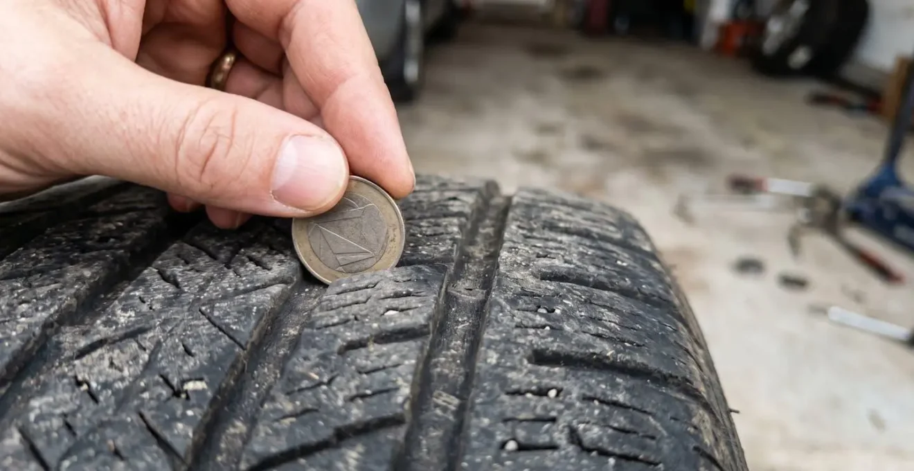 Main utilisant une pièce de monnaie pour vérifier la profondeur des rainures d'un pneu automobile