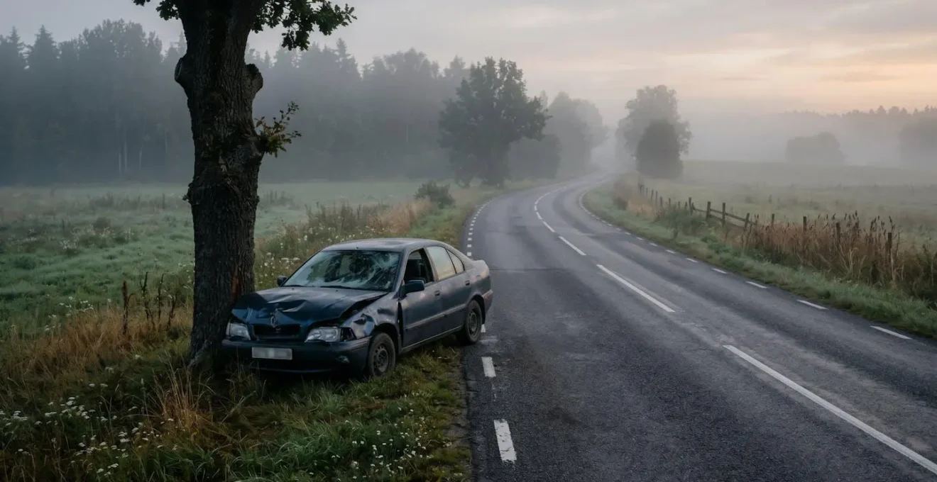 Voiture accidentée contre un arbre sur une route déserte