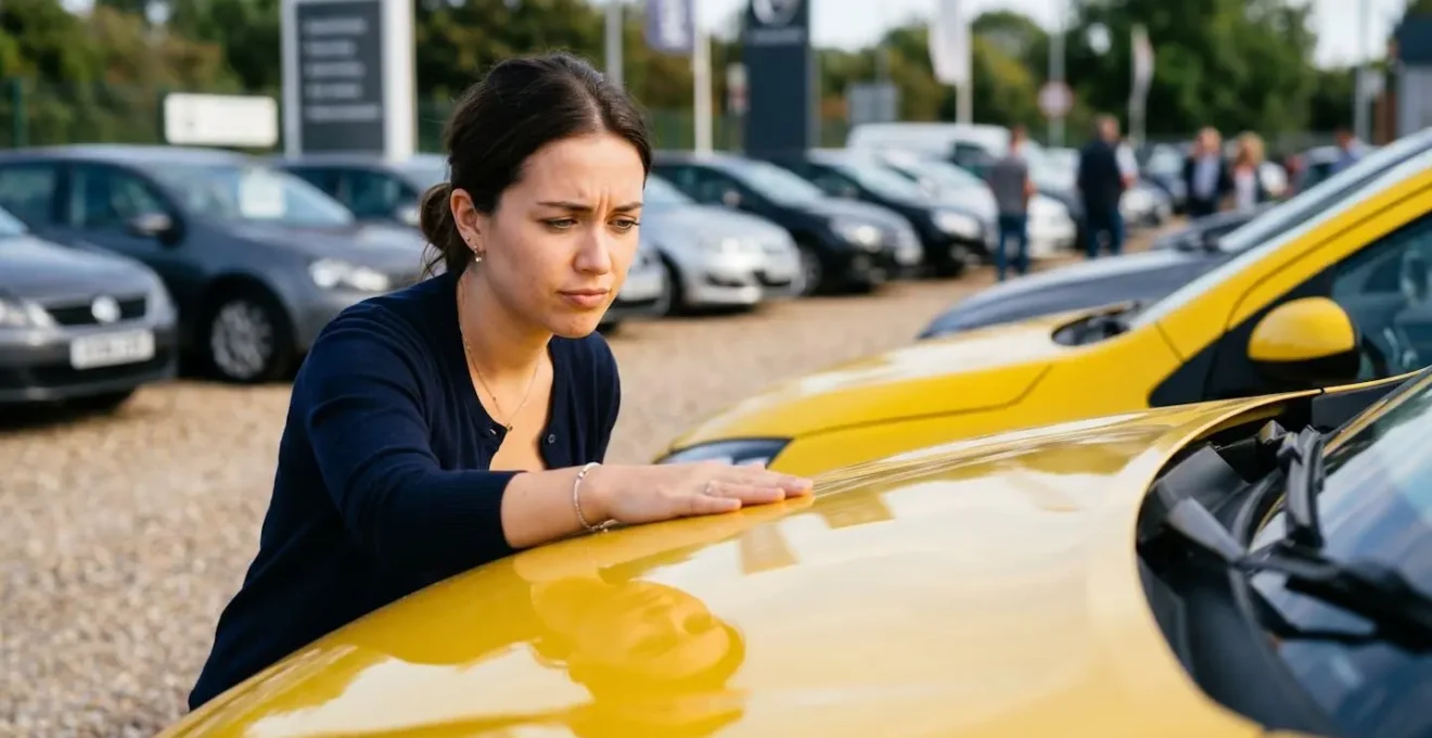 Acheteur potentiel hésitant devant une voiture jaune vif, illustrant l'impact de la couleur sur la décision d'achat