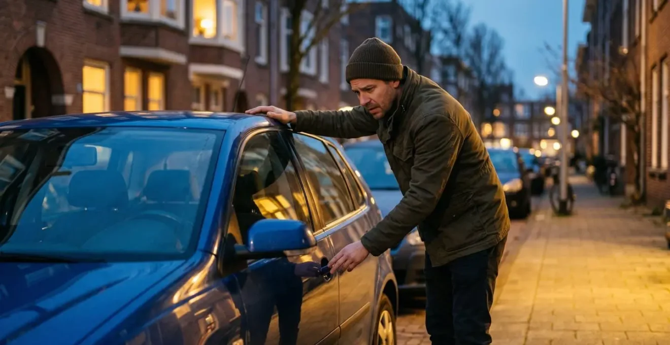 Vue latérale d'une voiture garée dans une rue résidentielle avec éclairage urbain et surveillance naturelle
