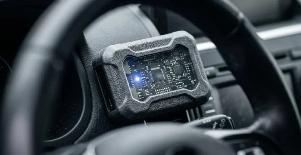 Gros plan sur un boîtier électronique discret installé dans l'habitacle d'une voiture avec éclairage LED bleu