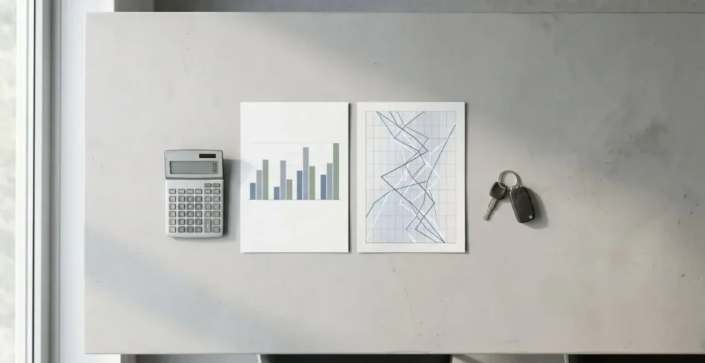 Vue aérienne minimaliste d'un bureau avec calculatrice, graphiques et clés de voiture disposés harmonieusement